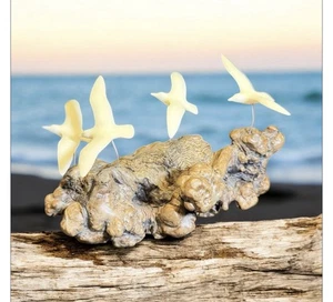 Vintage John Perry 4 Seagulls in Flight Mounted on Burlwood Sculpture - Picture 1 of 8