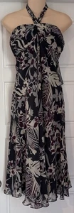 Max And Cleo 100% Silk Dress Bandeau Halter Tie Gray Purple Tropical Chiffon - Picture 1 of 16