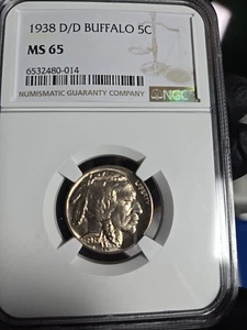 1938 D/D Denver Buffalo Nickel · NGC MS65 · Over-Mintmark Variety - Bild 1 von 3