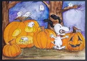 5x7 Original watercolor Painting Snoopy Woodstock Dog Halloween Pumpkin Nikki - Picture 1 of 1