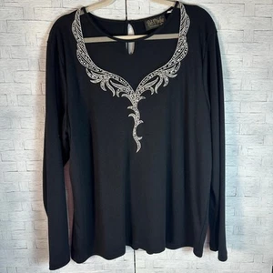 Bob Mackey black top white embroidered sheer plunging collar long sleeve - Picture 1 of 8