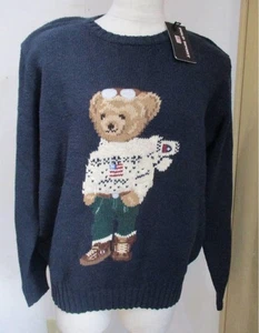 Vintage 90s Polo Sport Polo Bear Sunglasses Knit Sweater Navy L. - Picture 1 of 10