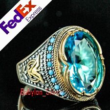 925 Sterling Silver Aquamarine Stone Turkish Handmade Luxury Men's Ring All Size