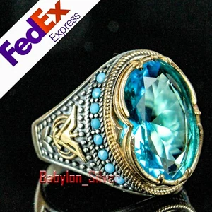 925 Sterling Silver Aquamarine Stone Turkish Handmade Luxury Men's Ring All Size - Picture 1 of 7