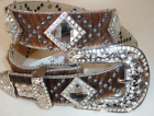 Brown Cow Hide Leather Belt With Crystal Rhinestone Concho And Studs SZ Med
