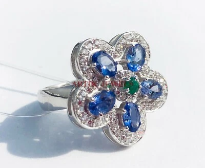 Natürliche Tansanit & Smaragd Edelstein Mit 925 Sterlingsilber Damen Ring # - Bild 1 von 3
