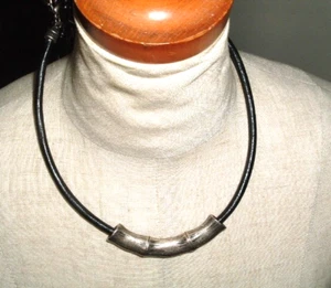Mens Pewter Bamboo Slide Black Leather 20" Chain Necklace - Picture 1 of 3