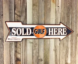 Gulf Arrow Sold Here Gasoline Gas Round 19" Metal Tin Sign Vintage Garage Orange - Picture 1 of 2