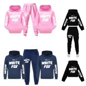 Kids White Print Foxes Hoodie Tracksuit Set Hooded Sweatshirt Pullover Outfits - Picture 1 of 16