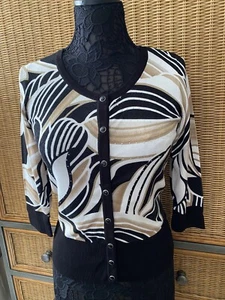 WHBM MAGLIONE CARDIGAN NERO ECRÙ STAMPA MANICA 3/4 DONNA TG S - Foto 1 di 7