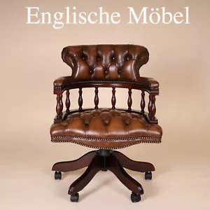 Englische Möbel Chesterfield Mahagoni Captains Swivel Leder Bürostuhl Drehstuhl - Bild 1 von 7