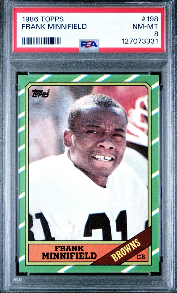 1986 TOPPS #198 FRANK MINNIFIELD PSA 8 NM-MINT ROOKIE RC CLEVELAND BROWNS - Image 1 of 2