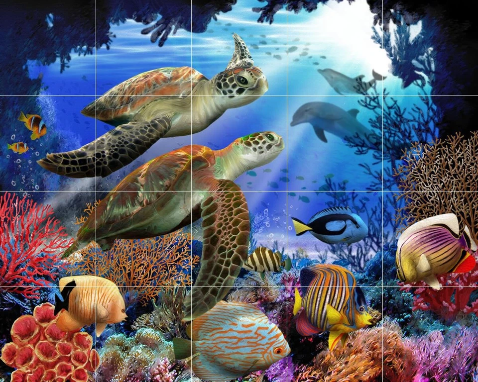 Mural Azulejo Salpicadero Cerámico Tortuga Marina Vida Oceánica Marina - Fantasía Subacuática I Foto 1 de 1