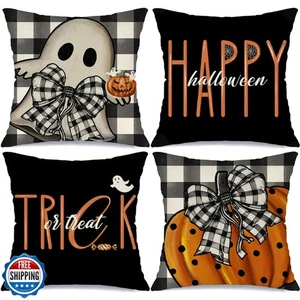 MODOVOS Halloween Pillow Covers 18x18 Set of 4 Buffalo Plaid Spooky Halloween - Picture 1 of 5