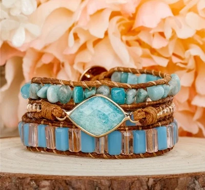 Brazalete Boho Rombo Amazonita Piedra Cuentas 3 Capas Ajustable Botón Lazo Envolvente Foto 1 de 4