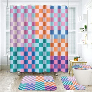 Retro Checkered Bathroom Set with Shower Curtain and Rugs and Accessories Aes... - Picture 1 of 8