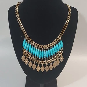 Boho Southwestern Aztec Statement Bib Necklace Gold Tone Turquoise Faux Beads - Picture 1 of 9