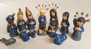 VTG Tonala Mexican Clay Pottery Blue & Gold Hand Painted Nativity Set Folk Art - Picture 1 of 14