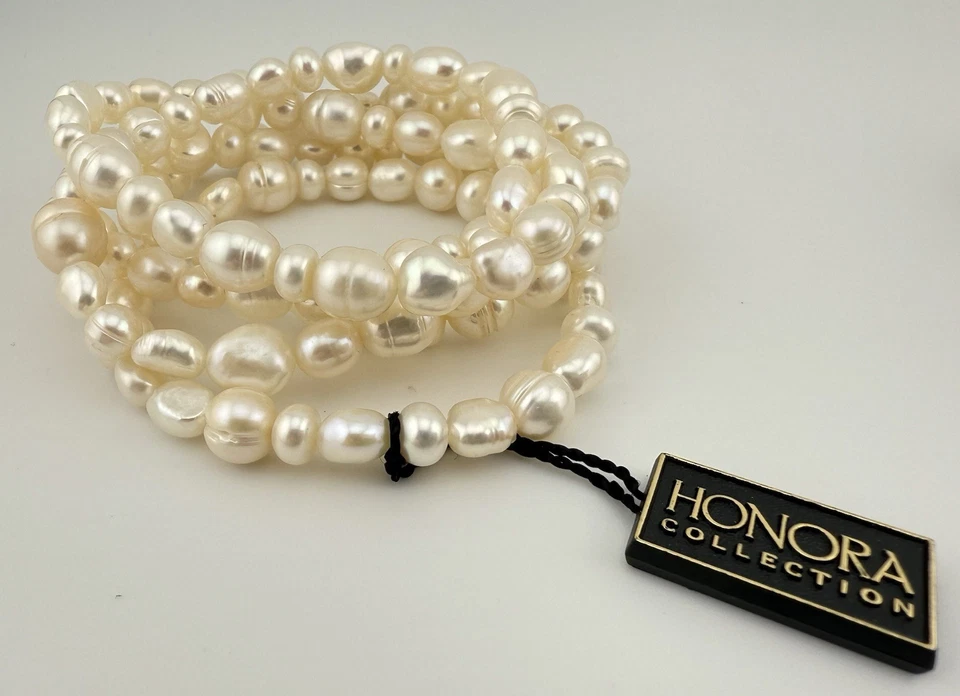 JUEGO DE 5 PULSERAS ELÁSTICAS HONORA PERLAS AGUA DULCE CON BOLSA Y CAJA K192B Foto 1 de 4
