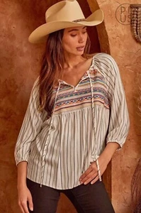 Camicetta SAVANNA JANE donna media avorio righe Bella Bentley top ricamato usata in ottime condizioni - Foto 1 di 11