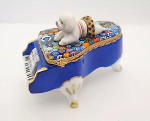 New French Limoges Box Bichon Frise Dog Puppy Piano Murano Millefiori Glass Top - Picture 1 of 4
