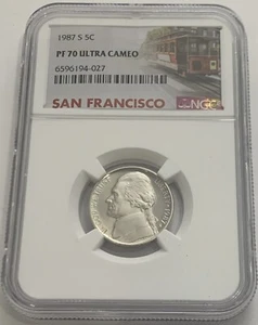 1987 S NGC PF70 ULTRA CAMEO PROOF JEFFERSON NICKEL 5C TROLLEY LABEL - Picture 1 of 3