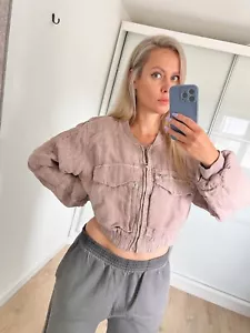 ZARA new short cropped 100% linen brown pink GRETA bomber summer jacket size L - Picture 1 of 10