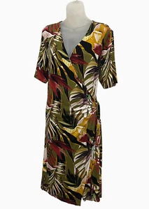 Liz Jordan Midi Dress Size 18 Mock Wrap Stretch Palm Tropical Short Sleeve NEW - Picture 1 of 10