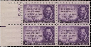 Scott # 946 - US Plate Block Of 4 - Pullitzer & Liberty 3c Purple- **MNH**- 1947 - Picture 1 of 1