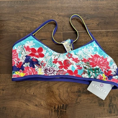 Athleta Women's LARGE Dark Purple Blue Floral Tropical Bikini Top Reversable - Image 1 of 4