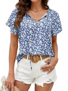 Angashion Women's Summer Tops Casual Floral Print V Neck Ruffle Short Sleeve ... - Picture 1 of 7