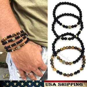 4Pcs Fashion High Quality Stone Beads And Black CZ Ball Men Charm Bracelets Gift - Picture 1 of 4
