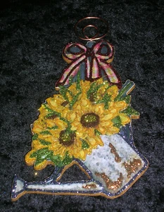 Watering Can of Daisies ~ Glitter Christmas Seasonal Ornament ~ Vintage Image - Picture 1 of 3