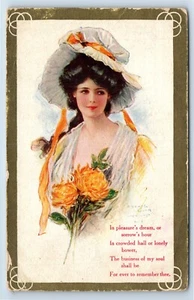 Hermosa Mujer en Gorro Flores Amarillas Artista Firmado Archie Gunn Postal - Imagen 1 de 2