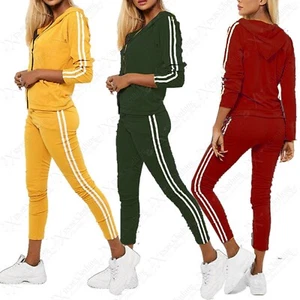 LADIES 2-PC SIDE STRIPE TRACKSUIT WOMENS HOODED TOP LEGGING SET GYM WORKOUT SUIT - Picture 1 of 13