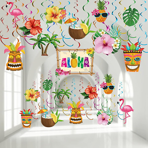 30 Pcs Hawaiian Luau Birthday Party Hanging Swirl Decorations, Flower Tropical P