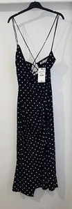 ZARA BLACK WHITE POLKA DOT PRINT SIDE GATHERED CAMISOLE MIDI DRESS SIZE M BNWT - Picture 1 of 9