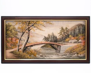 Vintage Japanese Silk Embroidery Landscape Scene With Bridge Framed 20th Century - Picture 1 of 4