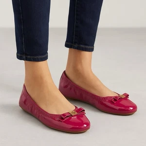 Tory Burch EDDIE 2 W/LOGO BOW- SMOOTH NAPLAK-Soft Patent Party Fuchsia Ballet - Picture 1 of 16