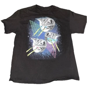 80er Jahre Motiv Laser Katze lustig bedruckt schwarz Kurzarm T-Shirt - Bild 1 von 3