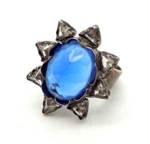 Vintage Art Deco Sterling Silver Faceted Dark Blue Glass Ring Adjustable - Picture 1 of 4