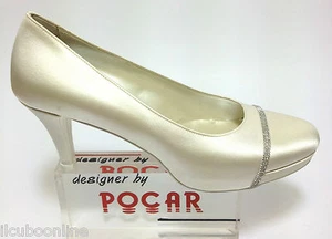 SCARPE SPOSA DECOLTE' POCAR RASO AVORIO TACCO 7 CM PLATAU INTERNO/ESTERNO 1 CM - Foto 1 di 3