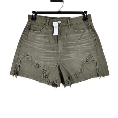 American Eagle Highest Rise Mom Shorts Sz 10 Olive Green Distressed Cutoff Denim - Image 1 of 4