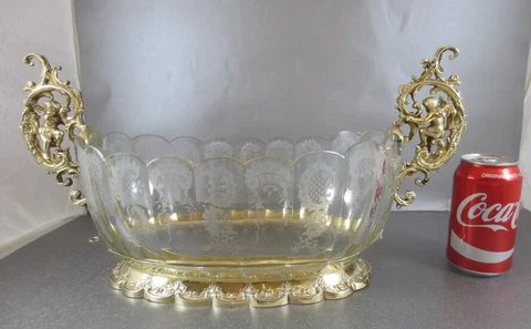 HUGE GERMAN GILT SILVER & ETCHED CENTER PIECE BOWL! ANGELS/ CHERUBS! 18 1/2" BIG Cover