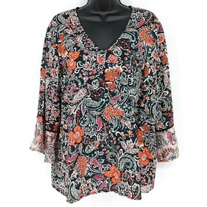 Top Jill Negro Naranja Rosa Teal Floral Paisley Contraste Volantes Manga Informal - Imagen 1 de 12