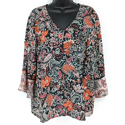 Top Jill Negro Naranja Rosa Teal Floral Paisley Contraste Volantes Manga Informal Foto 1 de 4
