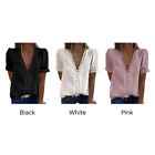Fashion Daily Women Blouse Lace Crochet Casual Deep V Neck Pullover Short Sleeve