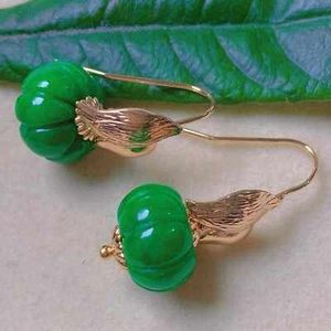 Boucles d'oreilles mode naturel gros jade vert perles citrouille dorées cadeau femme belle - Photo 1 sur 4