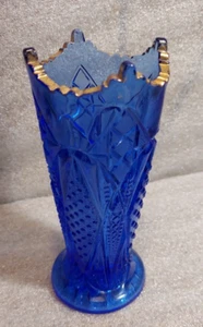 Antique 1898 Cobalt Blue Gold zipper Rim Vase, McKee EAPG - Picture 1 of 6