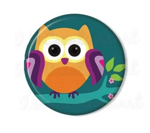Whimsical Tree Owl In Teal Handmade Pocket Mirror, Magnet, or Pin 2.25" - Picture 1 of 4